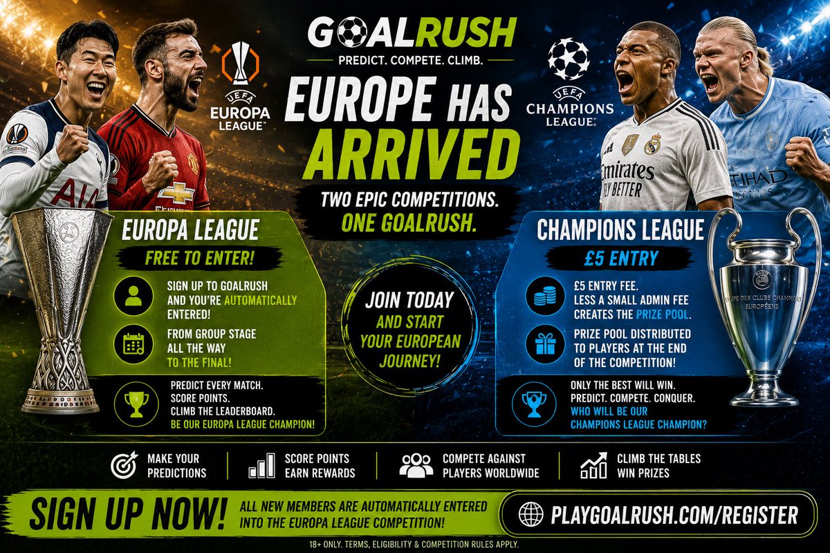 PlayGoalRush's tweet photo. 🇪🇺⚽ EUROPEAN FOOTBALL HAS ARRIVED ON GOALRUSH!

Two competitions. Two ways to compete.

🟢 EUROPA LEAGUE — FREE

Sign up to GoalRush and you’re automatically entered.

🔵 CHAMPIONS LEAGUE — £5 ENTRY

The remainder after a small admin fee goes into the prize pool for the best of the best. 🏆

🎯 Predict
📊 Score points
📈 Climb the leaderboard
🏆 Compete from Group Stage to Final

Which European trophy are you chasing? 👀

🚀 SIGN UP TO GOALRUSH⁠

#GoalRush #ChampionsLeague #EuropaLeague #FootballPredictions #EuropeanFootball @ChampionsLeague @EuropaLeague