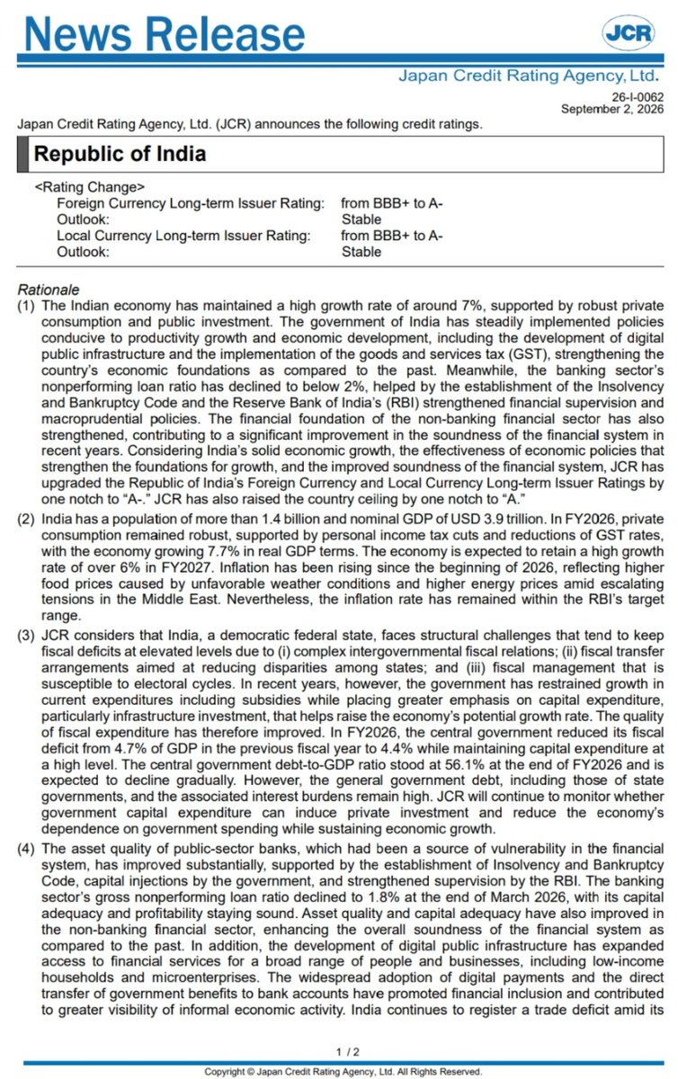 sidhant's tweet photo. India’s sovereign rating raised to A- from BBB+ by Japan’s Credit Rating Agency, citing -7% growth and a stronger financial system: https://t.co/BP1FCll4yp