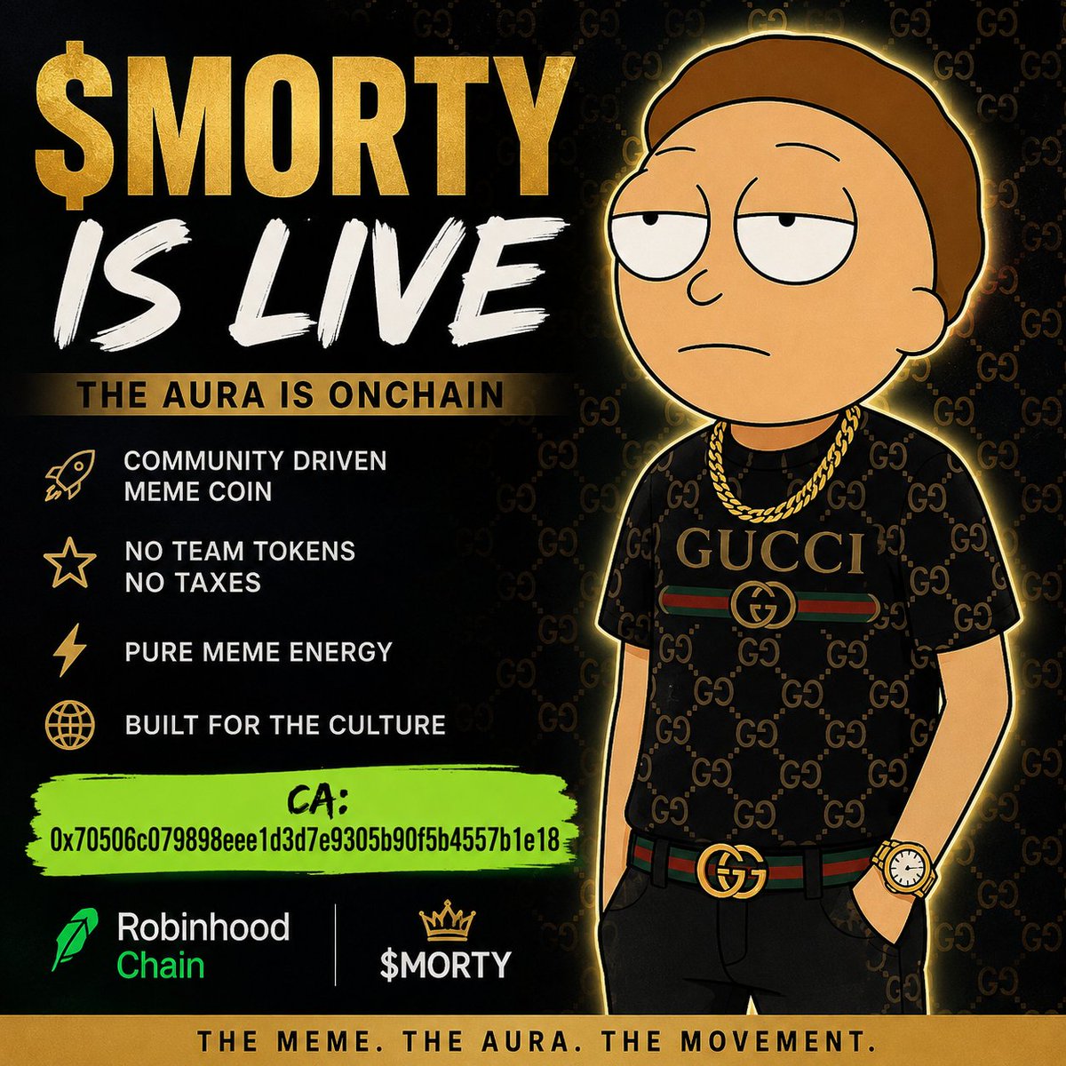 MortyOnRH's tweet photo. $MORTY just entered Robinhood Chain.
No complicated story.
No fake promises.
Just pure meme energy and community chaos.

CA: 0x70506c079898eee1d3d7e9305b90f5b4557b1e18

Bulls have charts.
Bears have fear.
$MORTY has aura.
#MORTY #RobinhoodChain #MemeCoin #CryptoMemes https://t.co/3GsNsxSfoK