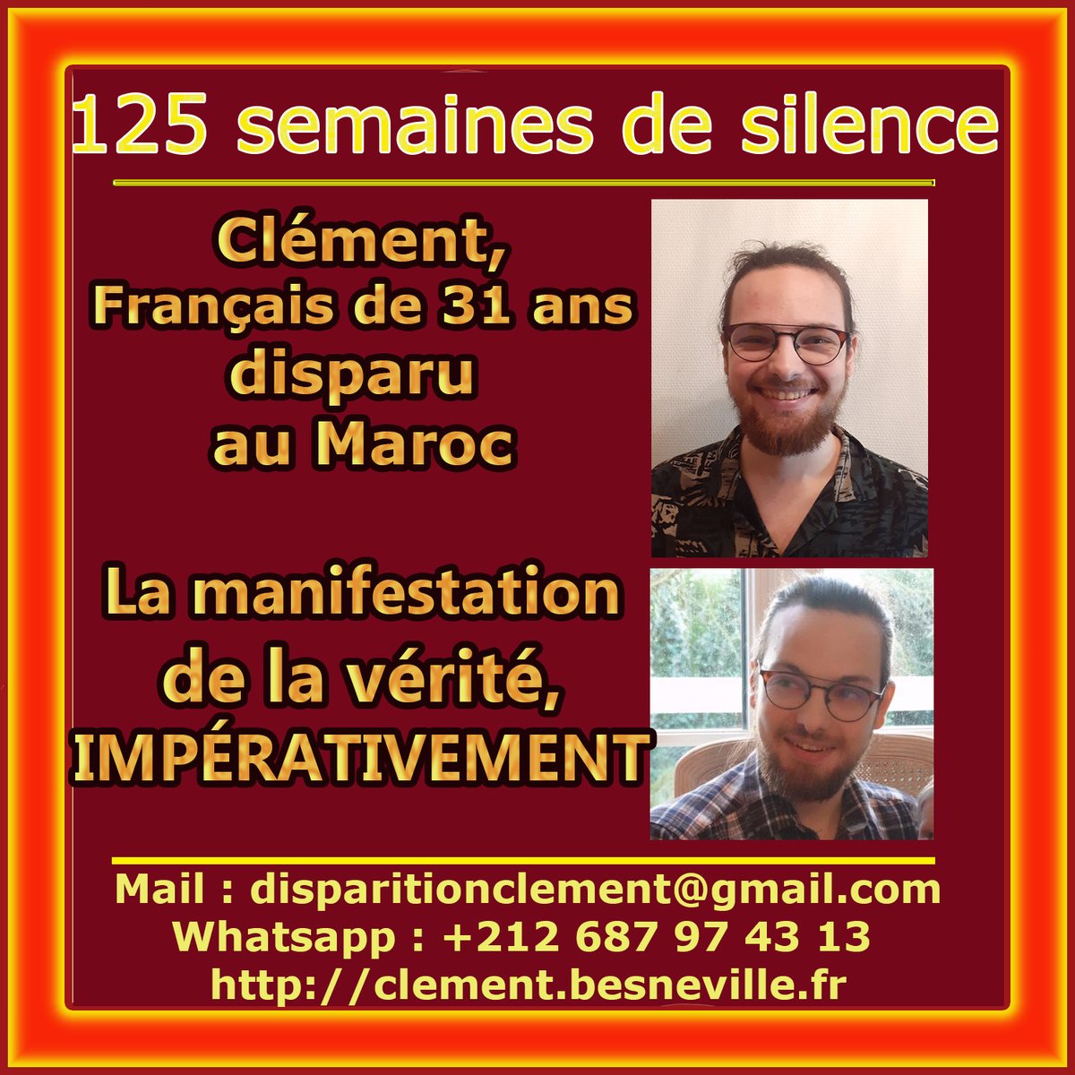 DBesneville's tweet photo. 125 semaines sans Clément, disparu à Rabat. La manifestation de la vérité est impérative. Les enquêtes ont besoin d'une coopération judiciaire fluide entre la 🇫🇷 et le 🇲🇦pour exploiter les scellés informatiques en attente et obtenir l'ensemble du dossier judiciaire. J'en appelle à @EmmanuelMacron. 👇 (1/2)
