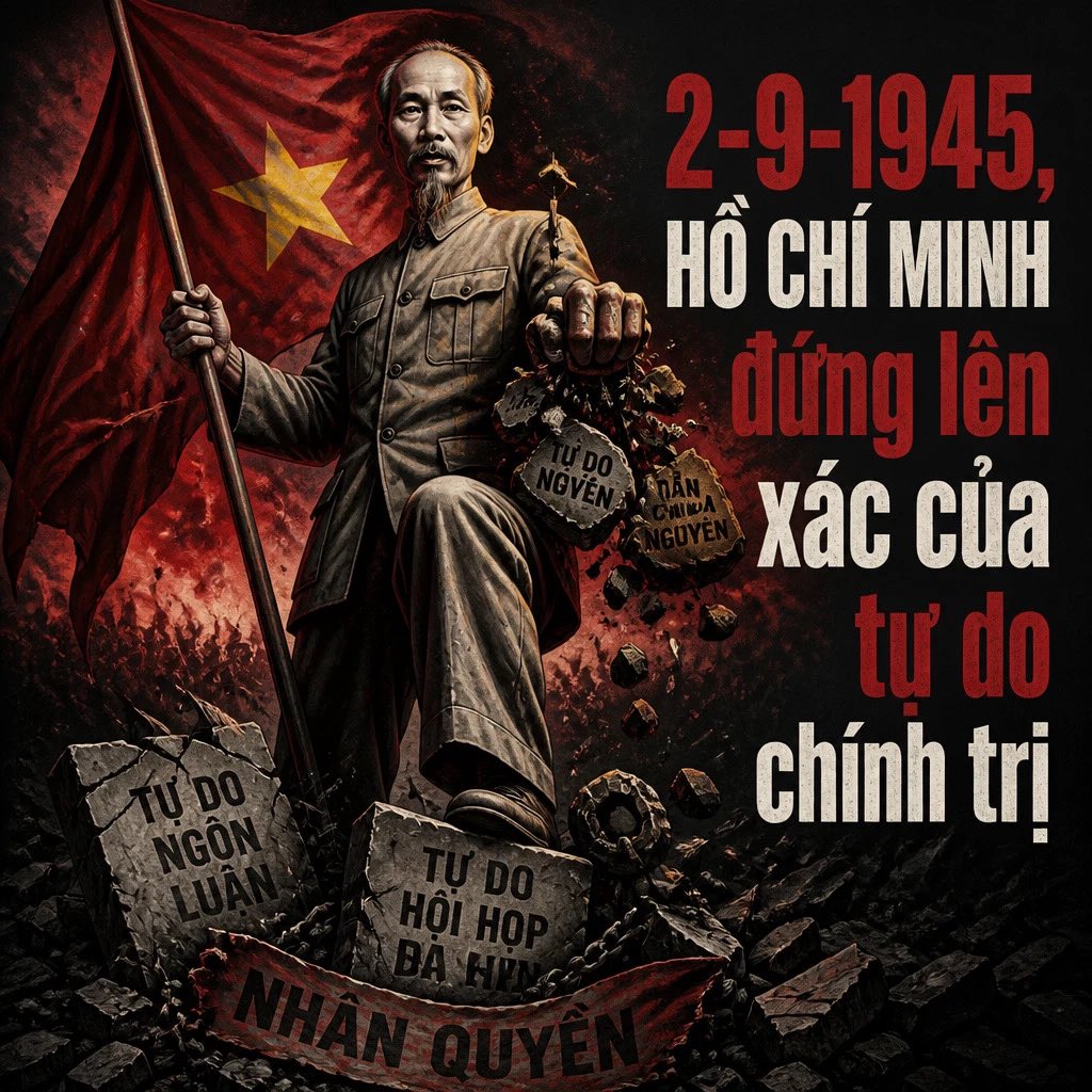 LutsNguynVni1's tweet photo. 2-9-1945 không phải ngày độc lập của dân tộc Việt. Đó là ngày Hồ Chí Minh và cộng sản cướp được quyền lực, rồi biến cả đất nước thành công cụ phục vụ ý thức hệ của họ.

Hồ Chí Minh đọc Tuyên ngôn, trích Jefferson, nói về “tự do, độc lập”. Nhưng ngay từ đầu, mục tiêu không phải là một quốc gia tự do cho mọi người Việt. Mục tiêu là độc quyền chính trị của một đảng, một đường lối, một ông chủ. Ai không theo thì bị loại. Quốc gia, Dân chủ, Đại Việt, các lực lượng không cộng sản lần lượt bị thanh trừng, bị gán “phản động”, bị diệt.

Sau đó là chiến tranh liên miên. Rồi 1975. “Giải phóng” xong thì dân miền Nam bị đưa đi cải tạo, tài sản bị tịch thu, cả triệu người phải vượt biên. Biển Đông trở thành nghĩa địa. Đói kém, tem phiếu, hộ khẩu, lý lịch. Đó không phải độc lập. Đó là một hình thức nô lệ mới: nô lệ cho đảng, cho tập thể hóa, cho sự sợ hãi.

Hôm nay kinh tế có khá hơn nhờ mở cửa. Người ta được phép làm giàu. Nhưng không được phép nghĩ khác, nói khác, tổ chức khác. Một đảng vẫn nắm hết. Báo chí vẫn là loa phát thanh. Bất đồng chính kiến vẫn là tội. Đó chính là bản chất của cái “độc lập” năm 1945: độc lập cho những người cầm quyền, không phải cho dân.

Dân tộc Việt không thiếu lòng yêu nước. Thiếu là quyền được làm chủ chính mình. Ngày 2 tháng 9 chỉ đáng nhớ nếu người ta dám nói thẳng: lá cờ ấy đã được kéo lên trên xác của tự do chính trị. Độc lập thật sự chưa đến. Nó sẽ chỉ đến khi không còn ai được độc quyền nhân danh dân tộc.
#hochiminh #quockhanh