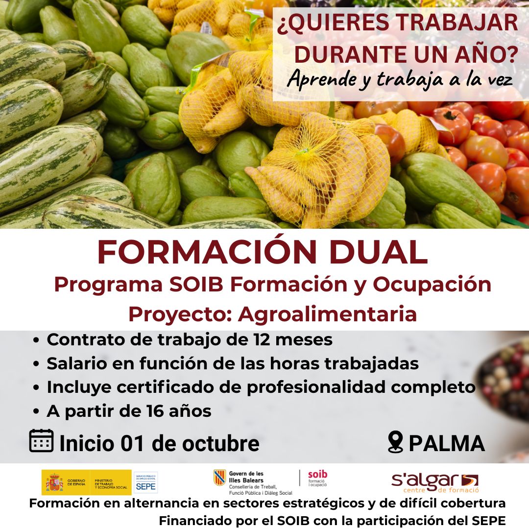 salgarformacio's tweet photo. @salgarformacio @soibgoib #SEPE te damos la oportunidad de formarte y trabajar en el sector agroalimentario
Llámanos 971 82 58 94
Empezamos la formación dual en 1 de octubre en #Palma
#SeguridadAlimentaria #FormacionDual #OportunidadLaboral https://t.co/qJWJhziqt6