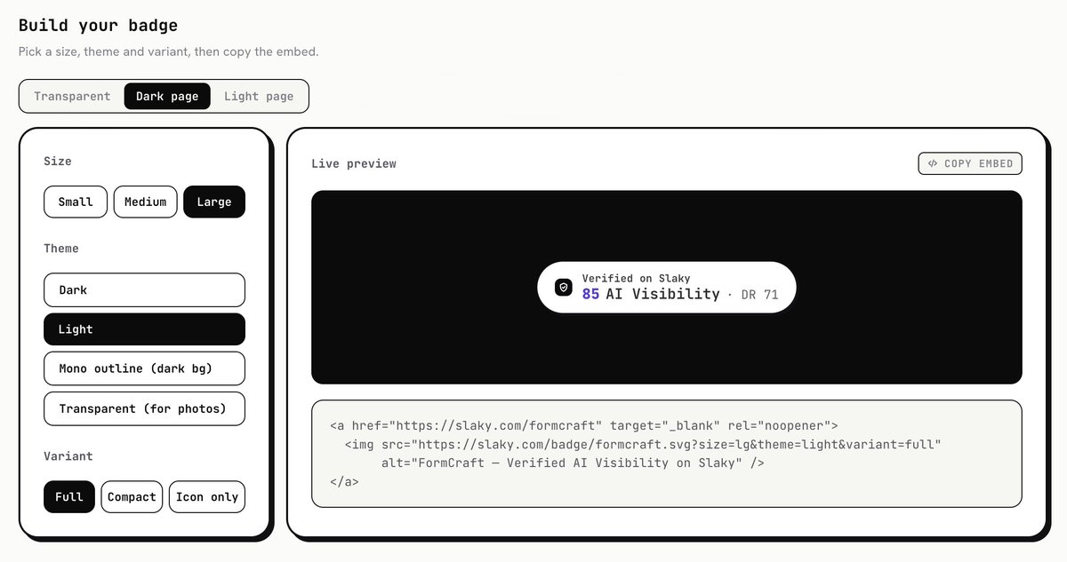 saas_sheetal's tweet photo. UPDATE!!!
You can now build your AI Visibility badge for FREE
Every leaderboard this week is pay-to-win. Ours isn't for sale.
Slaky ranks startups by AI Visibility + Domain Rating, checked live against Ahrefs and your own API.
Never a screenshot. Run your #Startuptoday through it