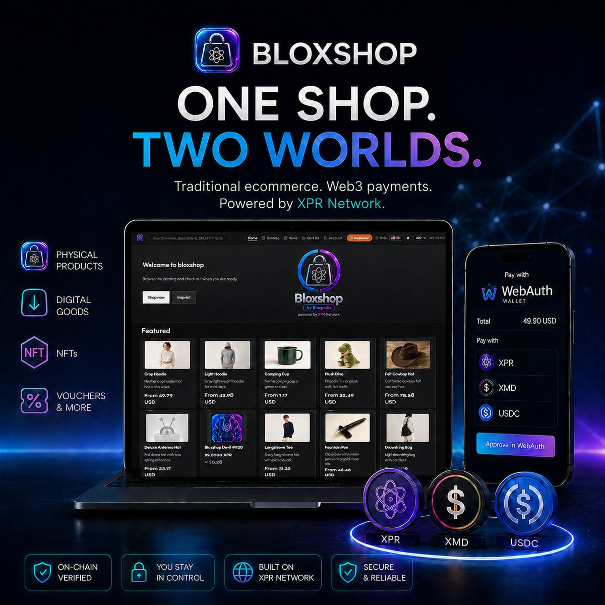 bloxshopxpr's tweet photo. What if your online shop could speak Web3 too? π
Bloxshop is a SaaS e-commerce platform for merchants and creators β combining traditional ecommerce with XPR Network. πβοΈ
Your shop. Your products. Your customers.
One platform. Two worlds. π
demo shop on @XPRNetwork TestNet:
https://t.co/xrFhGPwfVe