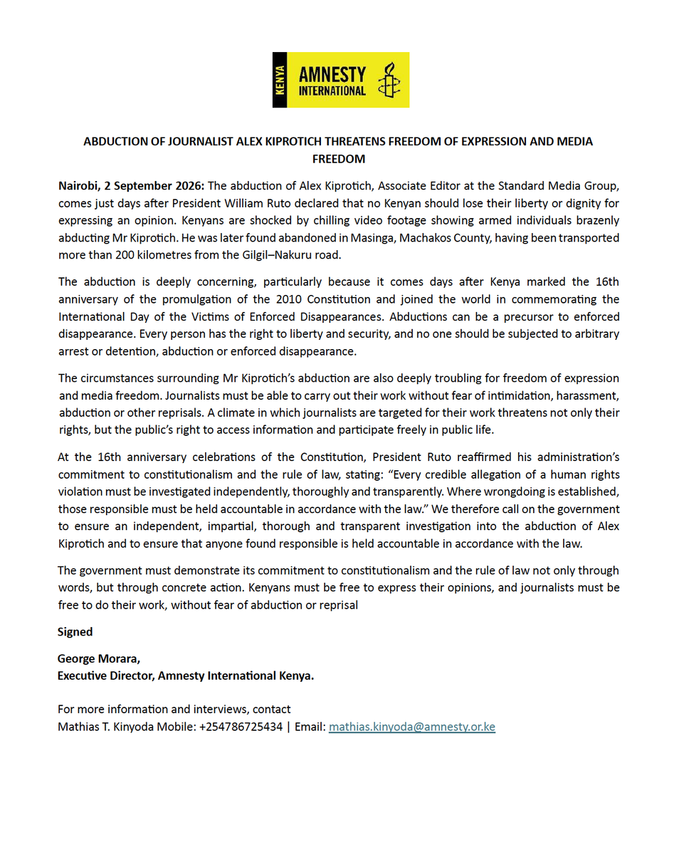 AmnestyKenya's tweet photo. STATEMENT: Alex Kiprotich’s abduction, days after President Ruto said no Kenyan should lose their liberty or dignity for expressing an opinion, raises serious concerns for media freedom.

We call for an independent investigation and accountability for those responsible. Journalists must be free to work without fear of abduction or reprisals.

Read our statement: https://t.co/DlZK9Vxa6i #EndEnforcedDisappearances