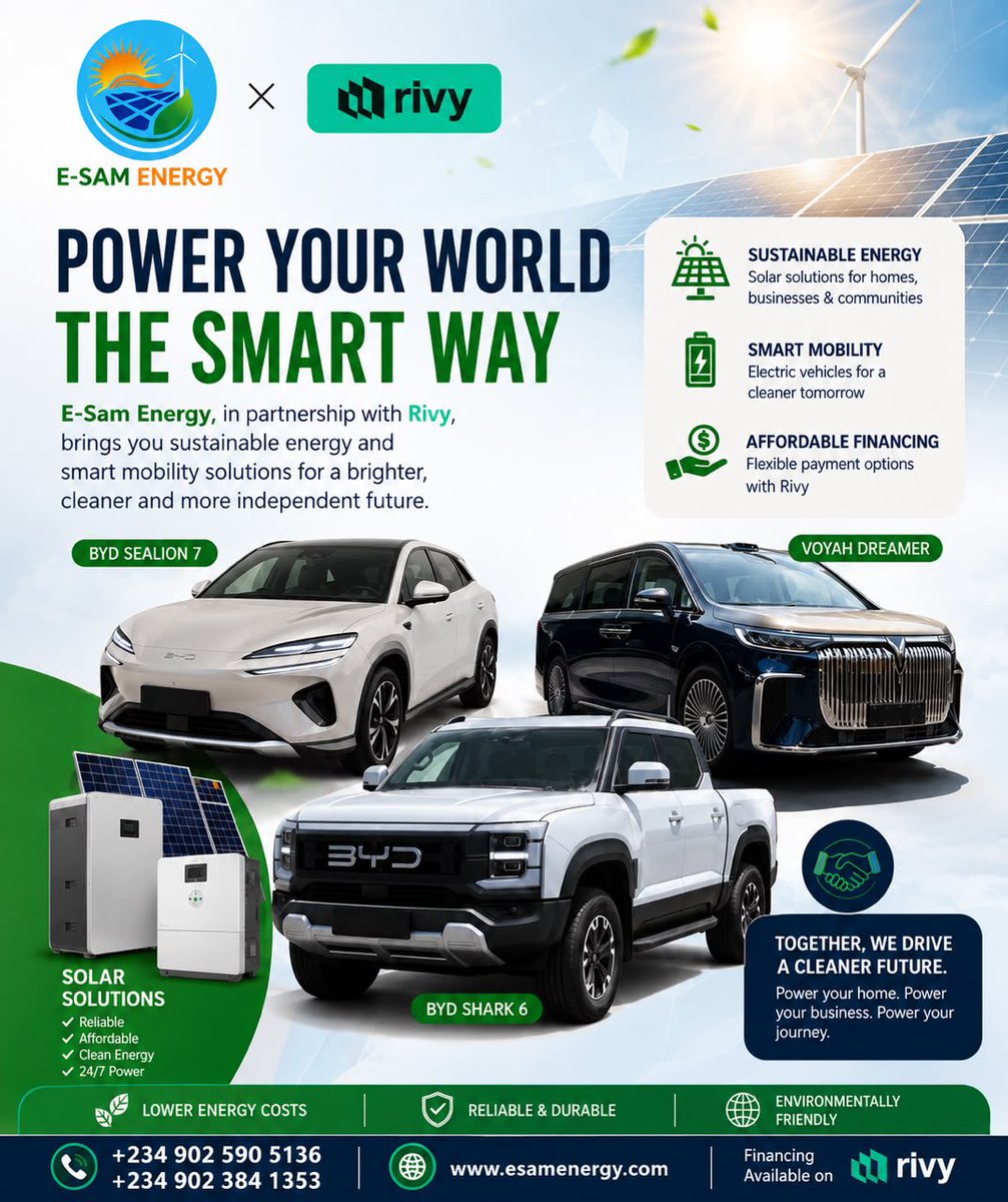 esamenergy's tweet photo. Power your home, business, and mobility with E-Sam Energy’s sustainable energy solutions, now with flexible financing options through Rivy. ☀️⚡🚗 Go solar, drive electric, and live better—call +234 902 590 5136 | +234 902 384 1353 or visit https://t.co/yyhBF2uxZv today https://t.co/RJcKGKtygU