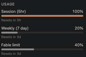 HarryY4ng's tweet photo. On cost, the complaints check out.

I ran it at max intensity for about an hour. 

That wiped my 5-hour limit and ~20% of weekly credit, which is about 40% of my Fable allowance. https://t.co/IeZVoP0w5m