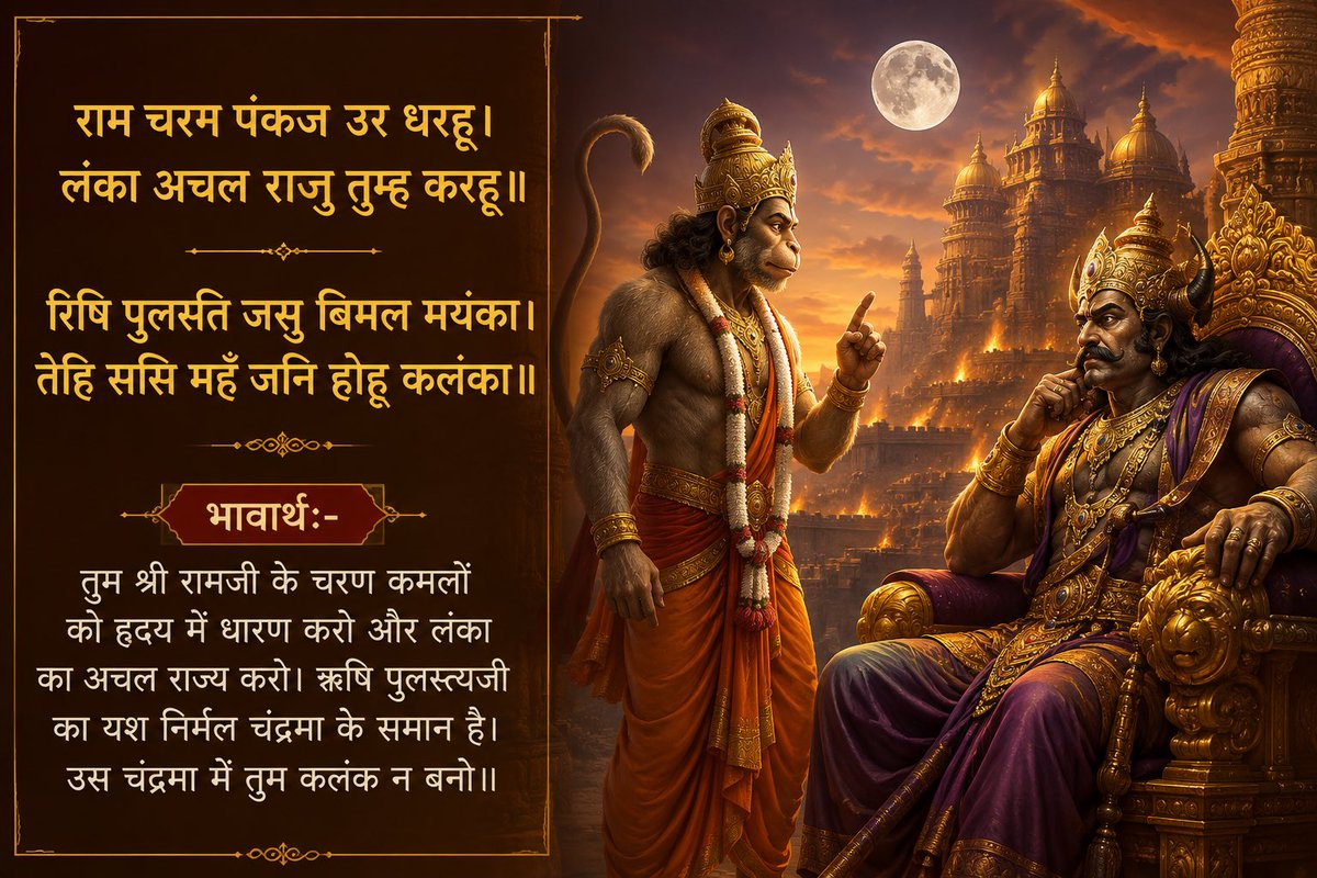 Ramlal's tweet photo. ॥सुंदर कांड॥

राम चरन पंकज उर धरहू। लंका अचल राजु तुम्ह करहू॥
रिषि पुलस्ति जसु बिमल मयंका। तेहि ससि महुँ जनि होहु कलंका॥

भावार्थ:-तुम श्री रामजी के चरण कमलों को हृदय में धारण करो और लंका का अचल राज्य करो। ऋषि पुलस्त्यजी का यश निर्मल चंद्रमा के समान है। उस चंद्रमा में तुम कलंक न बनो॥

#RamCharitManas
#SundarKand