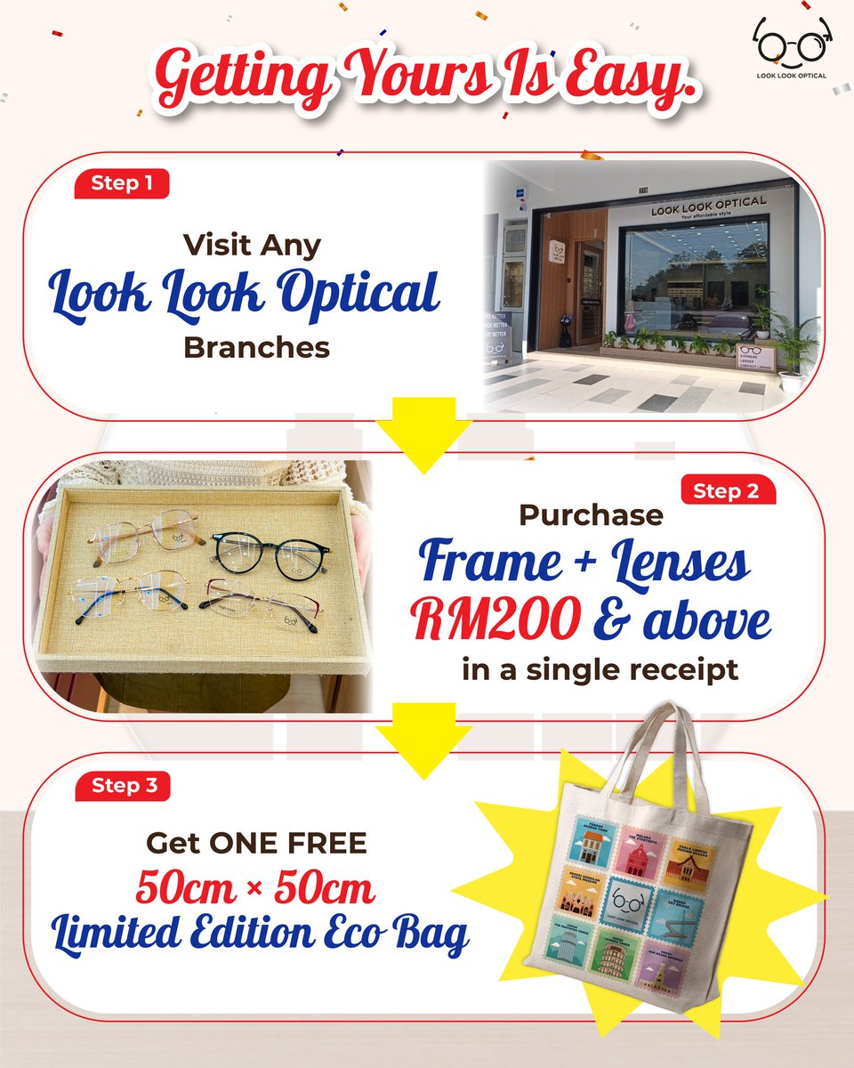 AlysonWeisimde's tweet photo. Get a free 50cm x 50cm eco bag at LOOK LOOK Optical when you spend RM200 or more on frames and lenses. Perfect for work, groceries, shopping, and everyday use. While stocks last. Terms and conditions apply. https://t.co/hKPigc5CAI