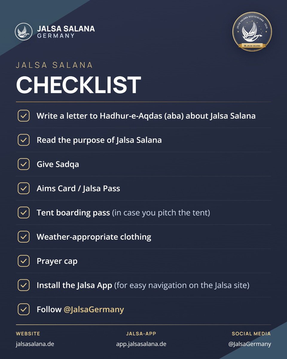 JalsaGermany's tweet photo. 📝 Jalsa Salana Checklist

InshaAllah, this checklist will help us prepare for the #JalsaGermany and make the most of this blessed occasion. https://t.co/H5Ospdy9dK
