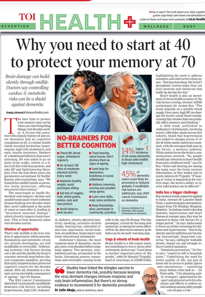 aiims_newdelhi's tweet photo. Brain health isn't a concern for your 70s — it's shaped by the choices you make decades earlier. Experts explain why midlife is the critical window for dementia prevention, and what the evidence says about protecting cognitive health early: managing blood pressure, cholesterol and blood sugar, addressing hearing and vision loss, prioritising sleep, and staying socially engaged.

Read more on why proactive brain health should start in your 40s, not after symptoms appear.