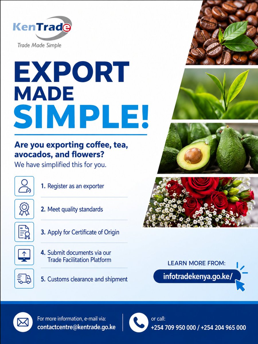_KenTrade's tweet photo. Are you exporting coffee, tea, avocados, and flowers? We have now simplified this for you; all you need to do is down below,

Learn more from: https://t.co/Yb1xU0pDYj
For more information, e-mail via:   contactcentre@kentrade.go.ke or call +254 709 950 000/+254 204 965 000 https://t.co/a0Zi0oAbAR