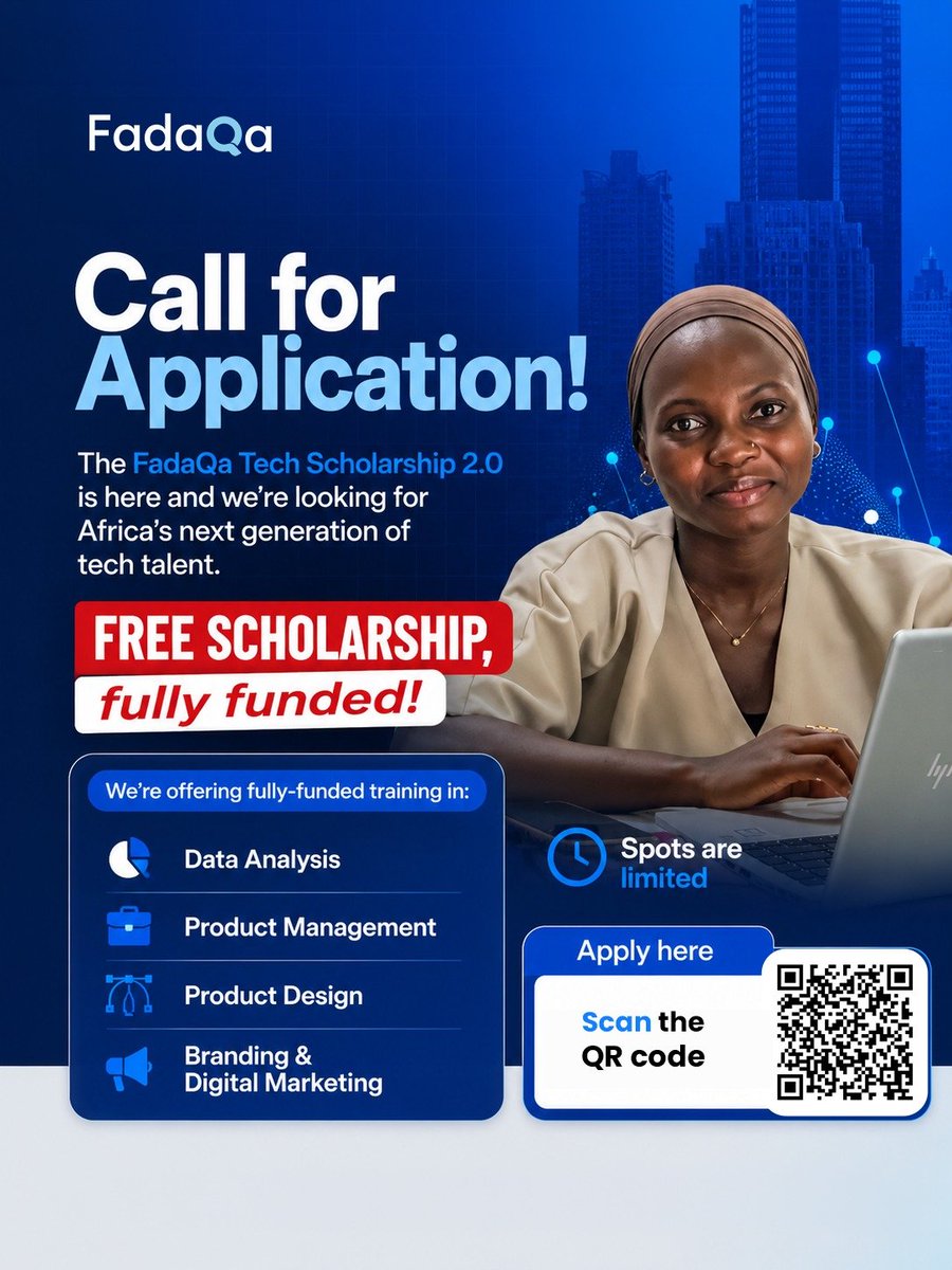 FadaQa_'s tweet photo. Applications are now OPEN🎉

FadaQa Tech Scholarship Program (FSP 2.0) is offering fully funded, high-value tech skills for FREE.

We're offering fully funded training in:
-Data Analysis
-Product Management
-Product Design
-Branding &amp; Digital Marketing https://t.co/x3L4Rmonmz