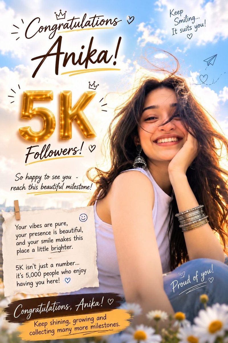 MK__Ziddi's tweet photo. 5K looks good on you Anika.🫶🏼🥰But behind that number are 5K people, countless little connections, and a journey worth celebrating. @soulfulanika 

Congratulations on 5K Anika. Here’s to everything you’ve created so far and all the beautiful things still ahead. Keep shining.💐🌟 https://t.co/7mfxsFlcx7