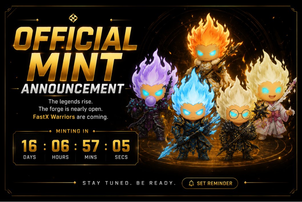 fastx_co's tweet photo. FastX Warriors NFT - Official Mint Announcement. 🔥

Mint date: 18 September 2026
Chain: Robinhood Chain
Venue: @opensea  
Supply: 5,000

Mint schedule (GMT+8):
🏛️ 10PM — Team Treasury
⚔️ 11PM — Warlord
🛡️ 12AM — Knight
🏹 1AM — Scout
🌐 2AM onwards — Public (until mint out)

Set your reminder now 👇
https://t.co/TJCWp0450e

📌 Note: AL Wallet Checker is not live yet - this will be available closer to mint day. Stay tuned for the announcement.