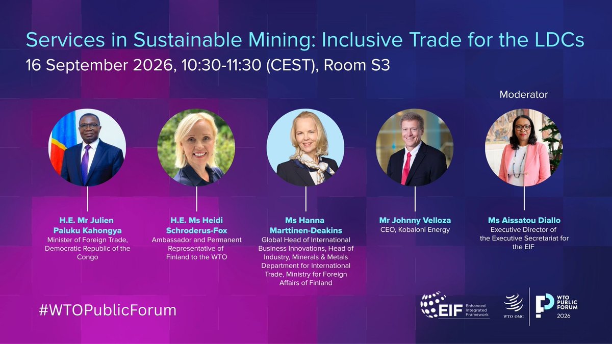 EIF4LDCs's tweet photo. ⏳The countdown is on! Ready for our first #WTOPublicForum conversation?

⛏️We’re kicking off with “Services in Sustainable Mining: Inclusive Trade for LDCs” - exploring how mineral wealth can create greater value, wider opportunities &amp; more inclusive growth for LDCs. https://t.co/nyA8x0NMdg