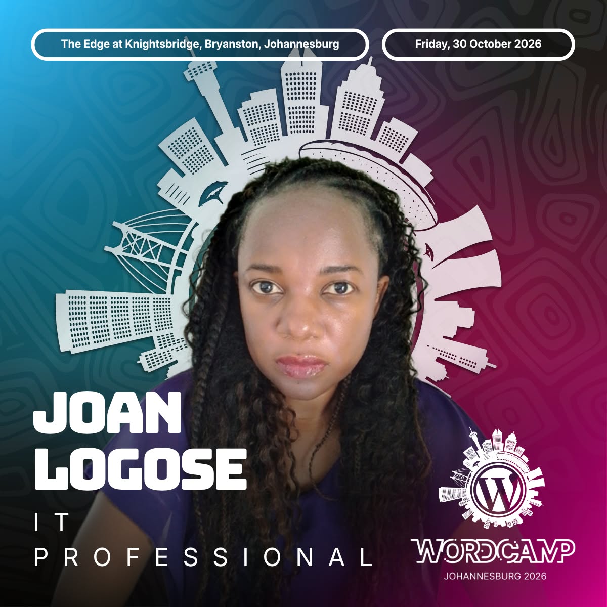 wordcampjoburg's tweet photo. Joan Logose is joining the speaker lineup at #WordCampJoburg 2026!

Don't miss the chance to learn, connect, and grow with the WordPress community.

🎟️ Tickets: https://t.co/i9CpMoNiC8

#WordPress #WordCampJoburg #WordCamp https://t.co/z33AC4s2f0