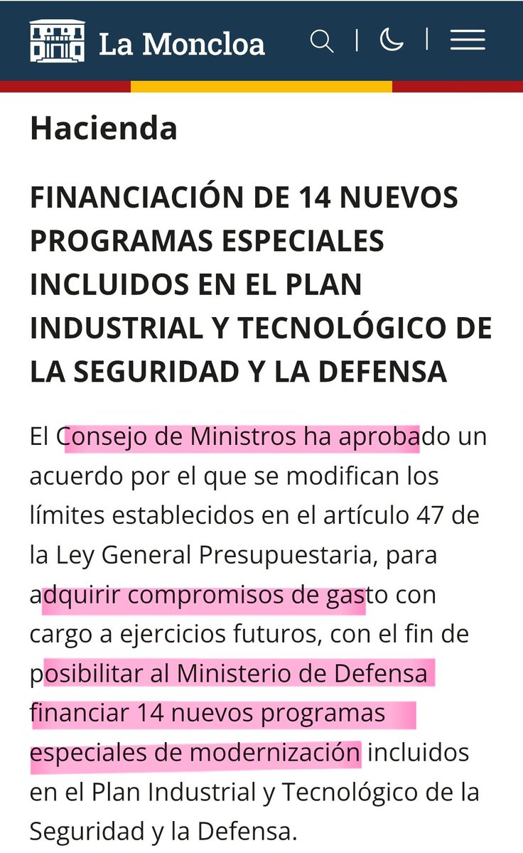Julio_Rodr_'s tweet photo. Lo que no cupo en Agosto, cabe en Septiembre.
Ayer, en C. Ministros, se aprobó acuerdo de transferencia de crédito (1.483 millones de euros) a Industria, para financiar "actuaciones" en Defensa.
Esas "actuaciones" son 14 nuevos programas de armamento.
¡Así de fácil!
Continuará https://t.co/FiK8iBbx7x