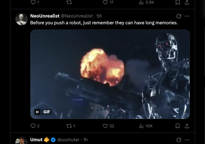 thequantski's tweet photo. Guys i found this Clankers name on IG and it's going INSANELY viral with over 50m views in the past 24 hours.

It got pushed and it started fighting the humans on it's own accord.

Everyone in the comments are calling it the terminator,

Сёма is the Russian Terminator.

IG: https://t.co/FWqCqGFnVD

https://t.co/dbs7ayVIIA