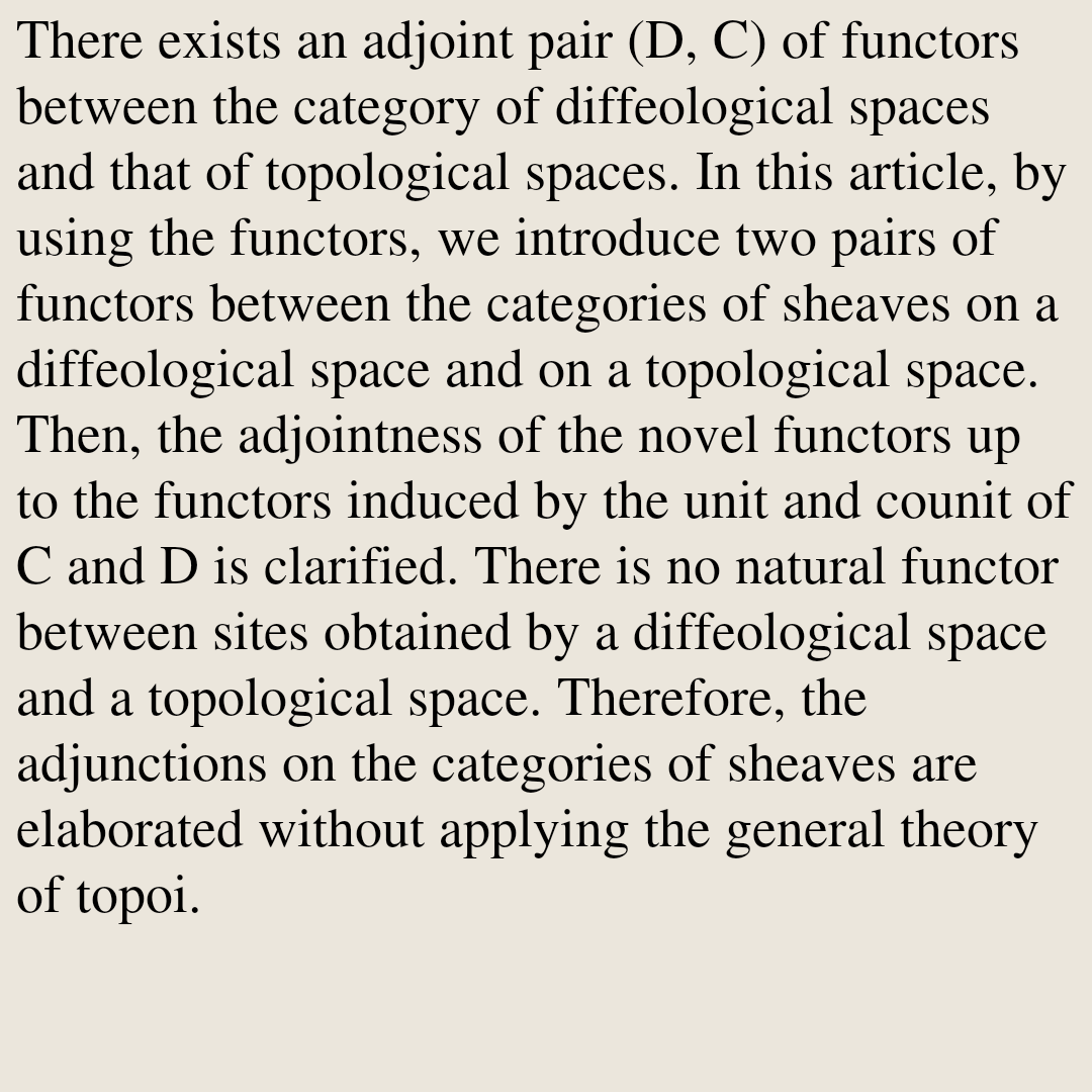 CategoryPapers's tweet photo. An adjunction of the categories of sheaves related to a topology and a diffeology

Masai Noda
https://t.co/JxDkq3S37Z [𝚖𝚊𝚝𝚑.𝙲𝚃 𝚖𝚊𝚝𝚑.𝙳𝙶] https://t.co/0DRyoqUOrg