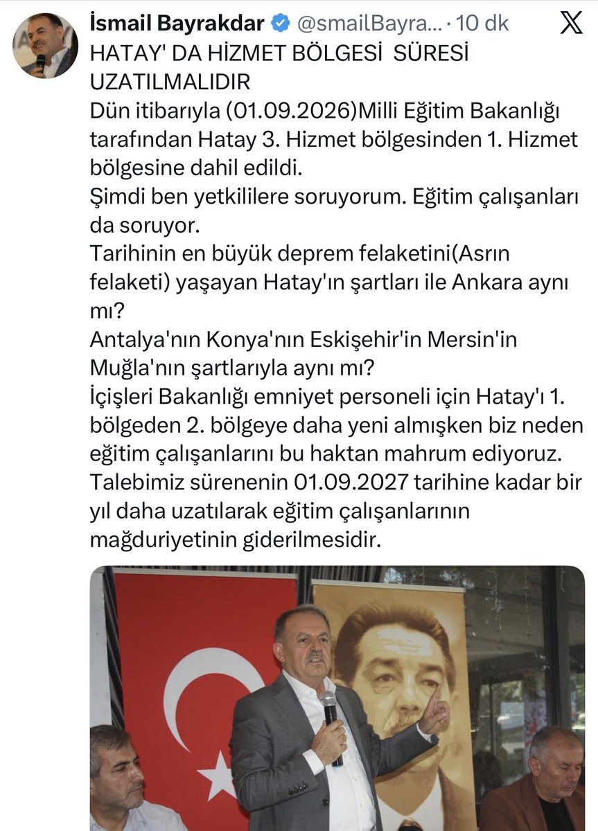 Queen_Teacher33's tweet photo. HATAY' DA HİZMET BÖLGESİ  SÜRESİ UZATILMALIDIR
Hatay 3. Hizmet bölgesinden 1. Hizmet bölgesine dahil edilmiş.Hatay sürekli elektrik su,kesintileri yol çalışmaları,artçı depremler zorluk şartları daha fazla. Hatay’da çalışan öğretmenlerimizin sesini duyurup destek olalım. #hatay https://t.co/raR81X4sCp