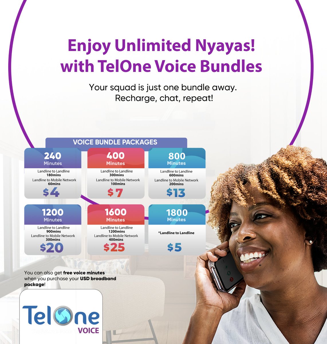TelOneZW's tweet photo. Enjoy Unlimited Nyayas with TelOne Voice Bundles
#TelOneVoice
#ConnectingWithWhatMatters https://t.co/is6SaM6CNY