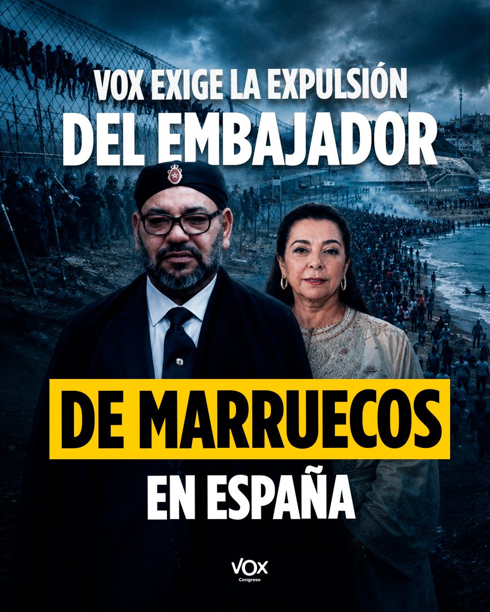 VOX_Congreso's tweet photo. ‼️ #URGENTE 

VOX exige la expulsión del embajador de Marruecos en España.

El régimen marroquí ha atacado Ceuta y España debe responder. https://t.co/1al8kN5PBw