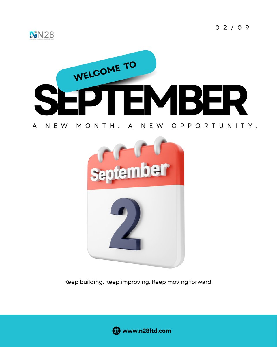 N28ltd's tweet photo. What are you building this September?

A new month is a chance to rethink priorities, explore new possibilities and keep moving forward with purpose.

Here’s to growth, innovation and progress.

Happy New Month from N28 Consulting.

#N28Consulting #HelloSeptember https://t.co/SxZmCFPLed