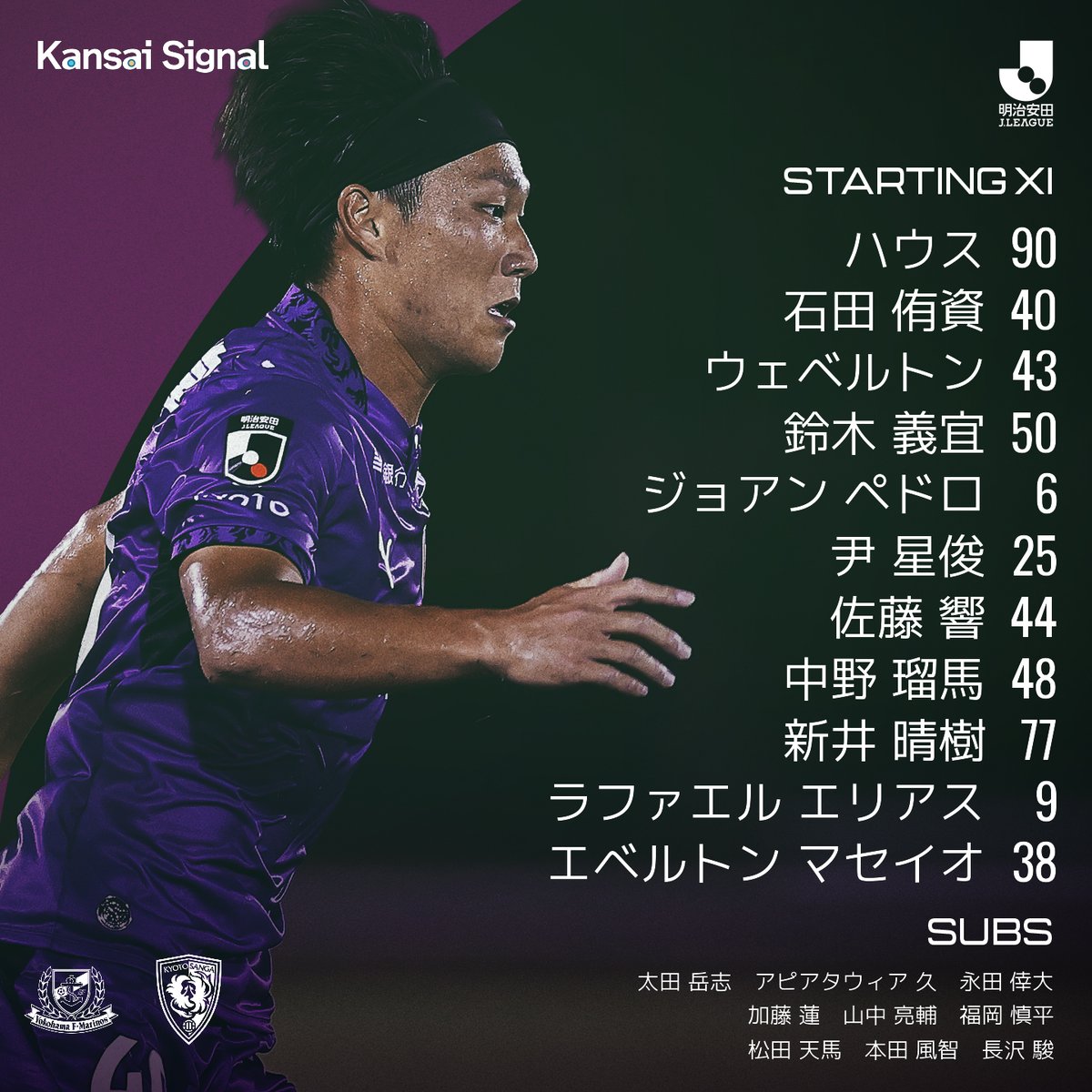sangafc's tweet photo. 🟣STARTING XI🐦‍🔥

🏆2026/27明治安田J1リーグ 第5節
🆚横浜F・マリノス

#スポーツくじWINNER #PR
クラブに100%還元キャンペーンは本日まで❗️
https://t.co/es86fVchhj

#sanga #京都サンガ
@kansaisignal https://t.co/Hdcl38YZGZ