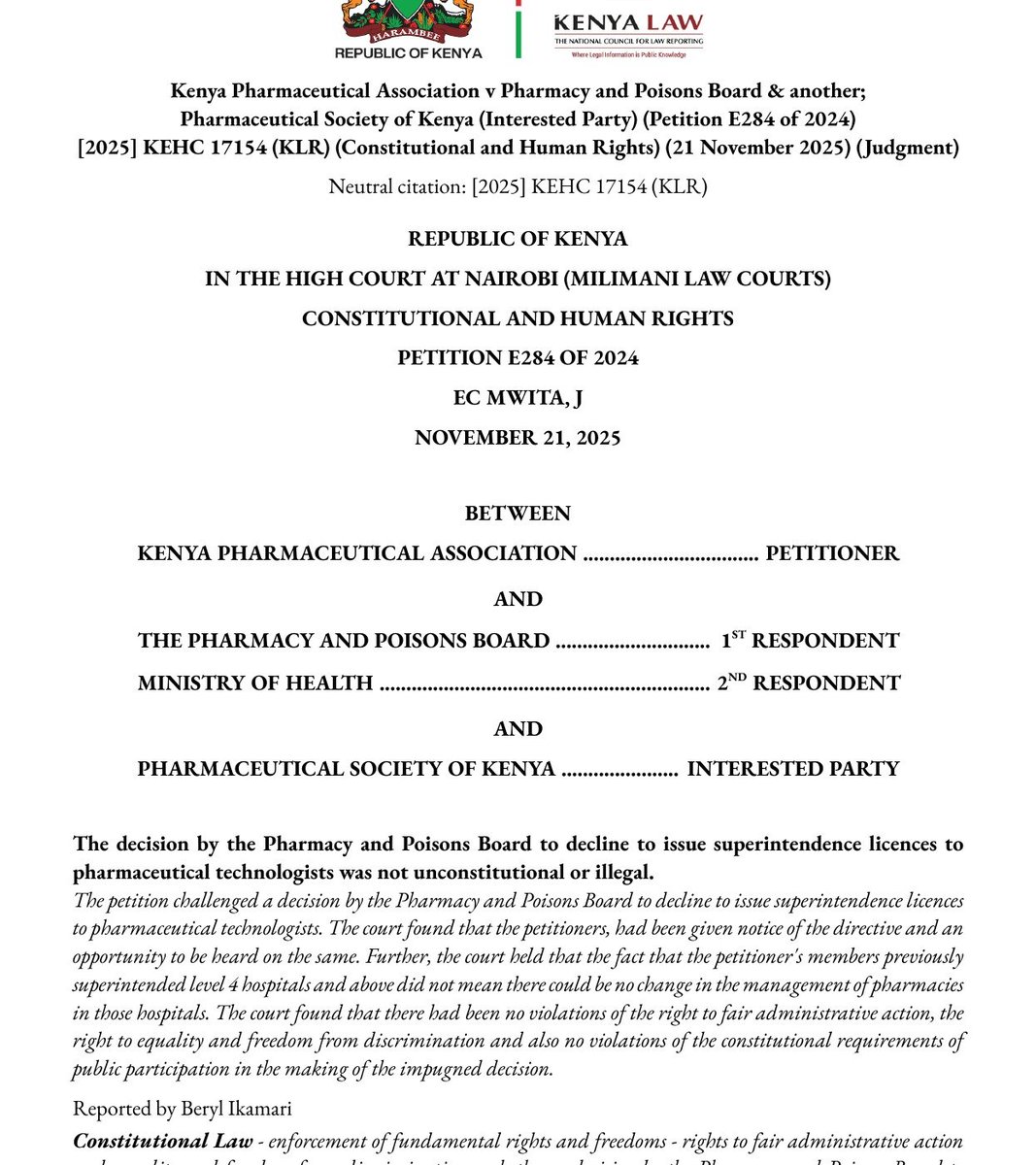PharmaTrutg0y3's tweet photo. There is talk about Kenya's Good Pharmacy Practice Standards #GPP2026 by @ppbkenya to ensure #PatientSafety. Here is the factual background from the standards, the Medical Institutions Rules and the High Court judgment. A thread🧵 https://t.co/MwuRffBsxf