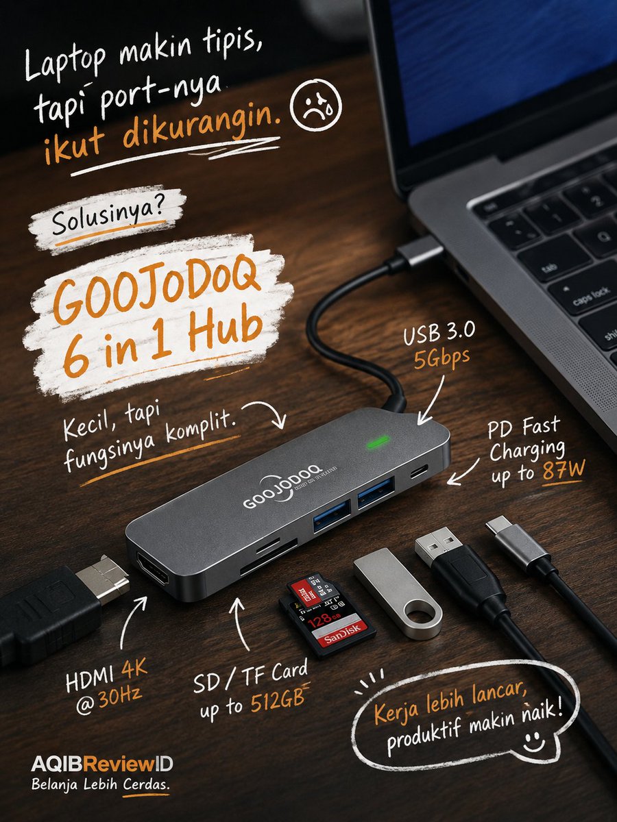 aqfxtrader's tweet photo. Baru sadar...
Laptop sekarang makin tipis.
Tapi port-nya juga ikut dikurangin. 😭
Mau colok mouse.
Flashdisk dicabut.
Mau presentasi pakai HDMI.
Charger malah harus dilepas. 😂
Akhirnya nemu adapter 6-in-1 ini.
Kelihatannya kecil...
tapi kayaknya bakal sering kepake... https://t.co/kcF3qGR80z
