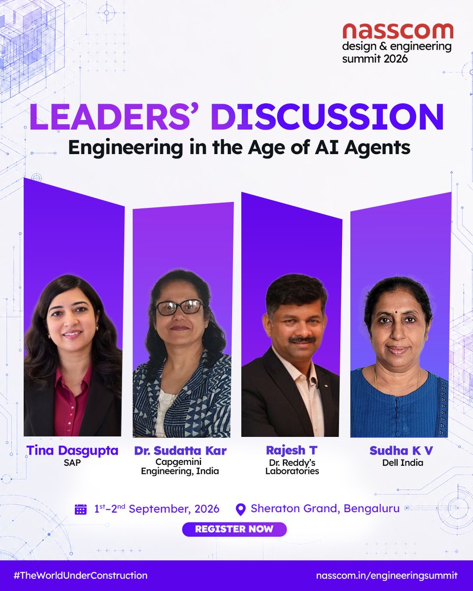 NasscomEvents's tweet photo. Building in the age of AI agents demands more than adopting new technology. It calls for rethinking how engineering teams work, collaborate, and create value.

Join the conversation at the Nasscom Design & Engineering Summit’26 as industry leaders explore how AI agents are shaping the future of engineering and what it takes to stay ahead.

📅 2nd September 2026
📍 Sheraton Grand, Bengaluru

#nasscom #DES26 #TheWorldUnderConstruction
