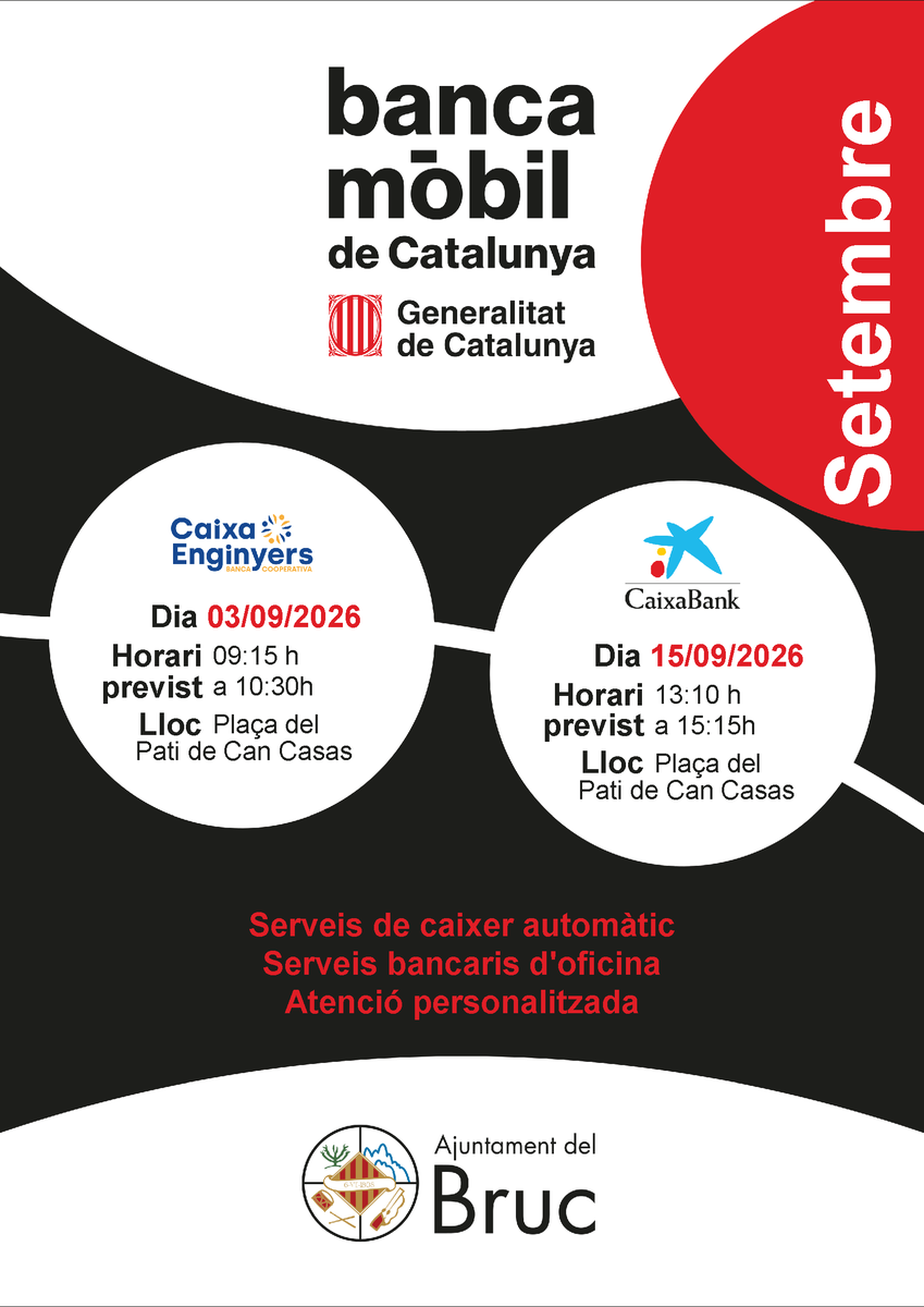 AjElBruc's tweet photo. 📢 Torna la Banca Mòbil al Bruc 🚐  Amb Caixa d'Enginyers de 09:15 a 10:30 h a la Plaça del Pati de Can Casas
💷 Serveis de caixer automàtic
🏦 Serveis bancaris d'oficina
👩🏻‍💼 Atenció personalitzada

#BancaMòbil

https://t.co/2Uml7XDkI6 https://t.co/7q2BmVwtrA