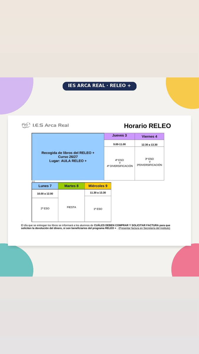 IesArca's tweet photo. RELEO+ 2026-2027

Compartimos los días y horarios previstos para la recogida de los libros del RELEO del nuevo curso.

Os rogamos puntualidad y leer detenidamente las instrucciones, para facilitar el proceso. https://t.co/a08lZuuHma
