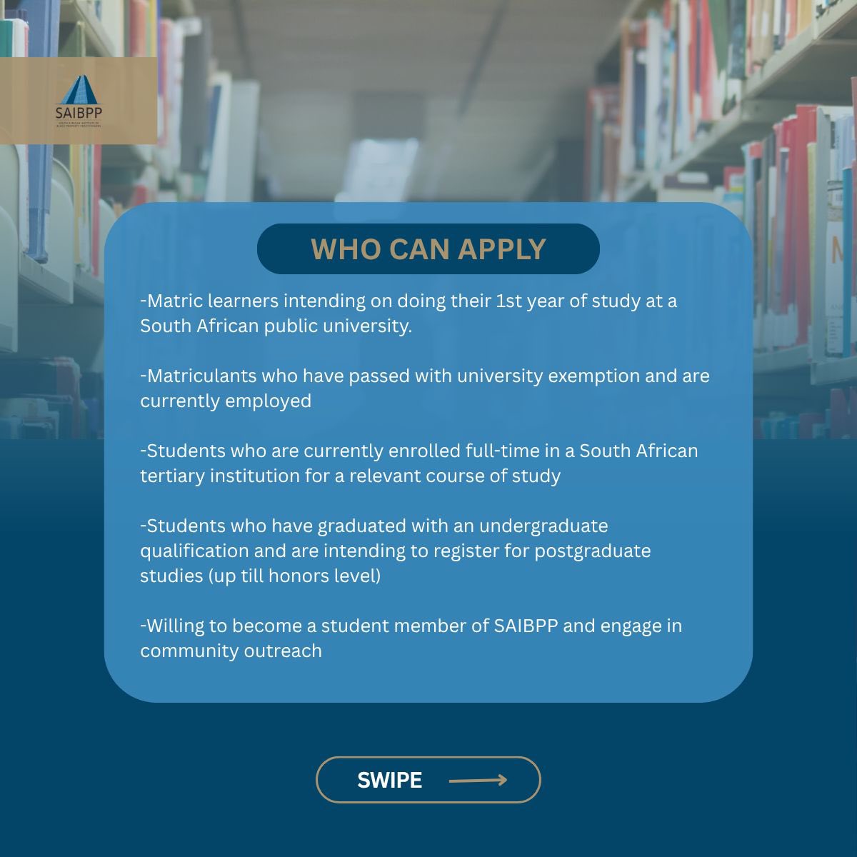 saibpp's tweet photo. 🎓 SAIBPP Bursary Fund 2027 | Applications Open!

Ready to take the next step towards your future in the property sector? The SAIBPP Bursary Fund 2027 is now open.

📲 Swipe through for eligibility requirements and how to apply.

📅 Applications opened: 1 September 2026 https://t.co/oXElNoDkOo