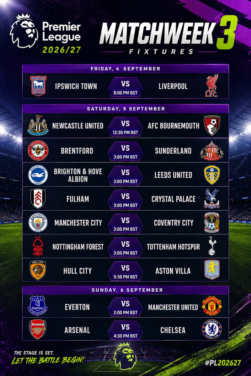 OnlyFutballhub's tweet photo. 🔥 Matchweek 3 is here!
Which fixture are you watching first? 👀👇
Big games. Big rivalries. No room for mistakes. ⚽
#PremierLeague #Matchweek3 #PL #Football https://t.co/v4s2Z9N1I9