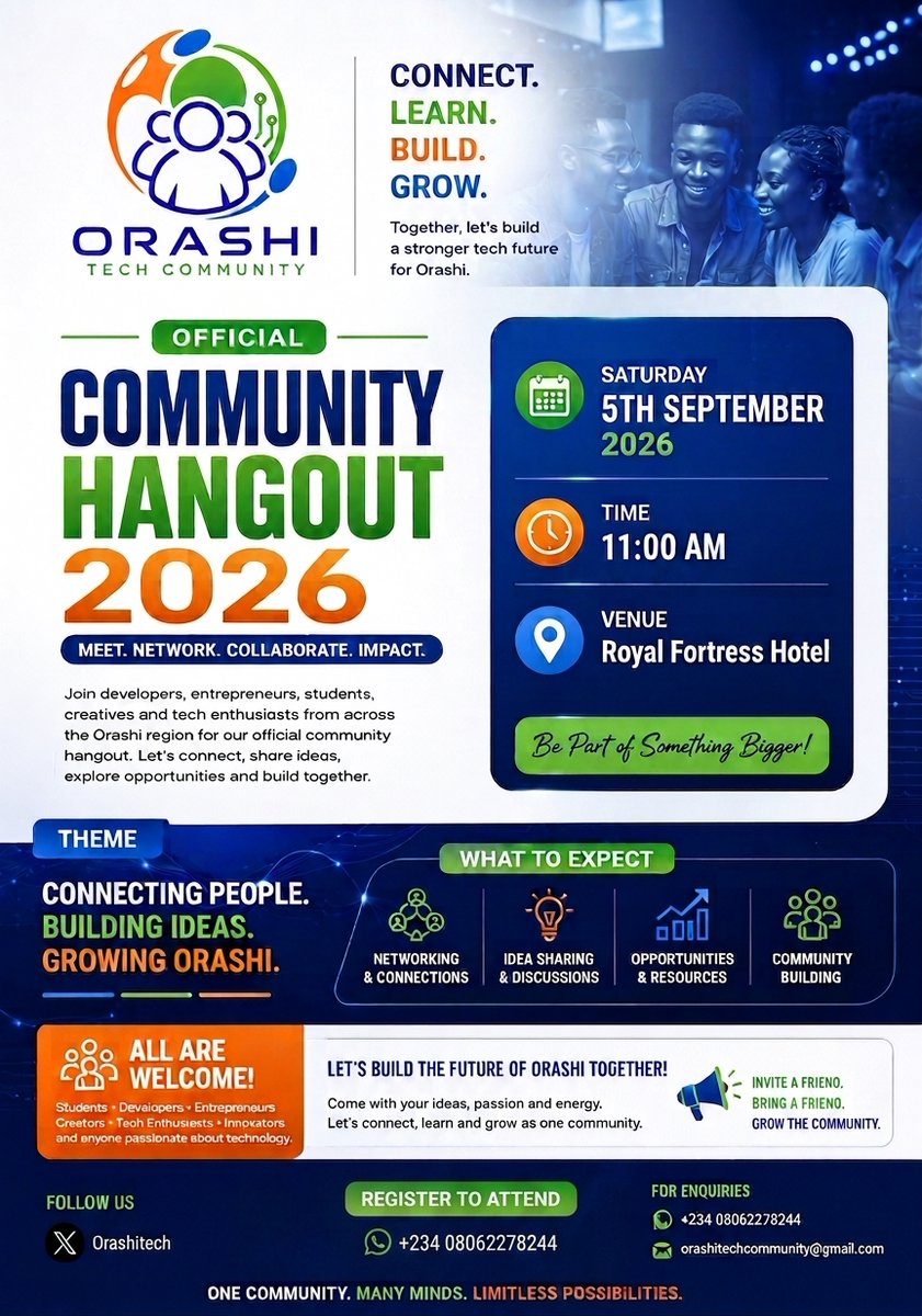 orashitech's tweet photo. Join us ! 
Date: Saturday, September 5th, 2026   
Time: 11:00 AM 
Venue: Royal Fortress Hotel, Omoku.
All tech enthusiasts welcome, be part of something bigger.
 #TechCommunity #NetworkingEvent! https://t.co/wgVUJbD2i1 via
@LumaHQ https://t.co/Z8ss36SIoP