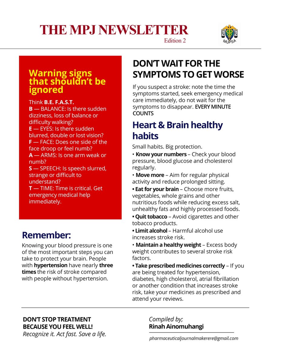 Mupsamak's tweet photo. Every minute counts when it comes to a stroke. 🚨🧠
​Do you know the B.E. F.A.S.T. warning signs?
⚖️ Balance loss
👁️ Eye vision changes
🫠 Facial drooping
💪 Arm weakness
🗣️ Speech slurring
⏰ Time to act!
​Check out Edition 2 of The MPJ Newsletter. 📖👇
​#StrokeAwareness  #MUPSA https://t.co/hH1iuhW3Dz
