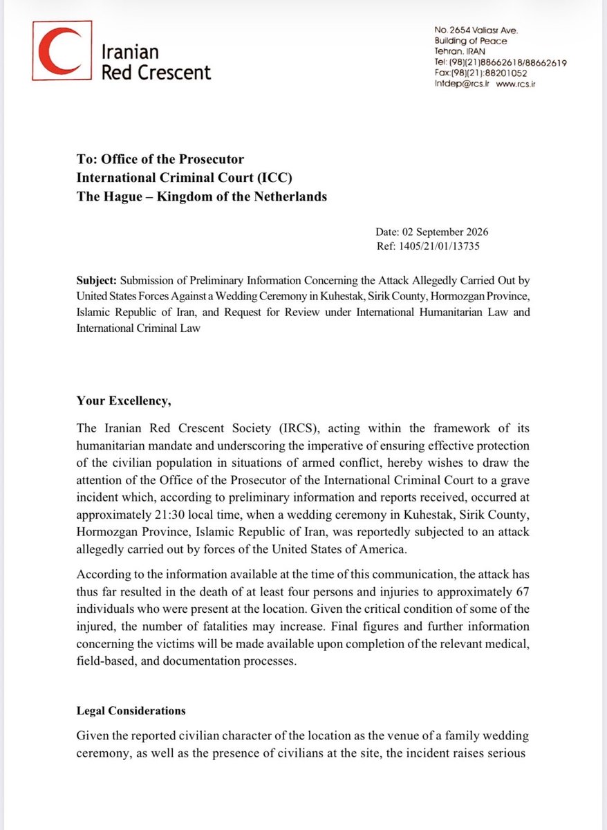 Iranian_RCS's tweet photo. In a letter to the Prosecutor of the International Criminal Court, the President of the Red Crescent Society of the Islamic Republic of Iran has called for legal action following last night’s U.S. missile strike on a wedding ceremony in Kohestak, Hormozgan. https://t.co/5zpRLtrapF