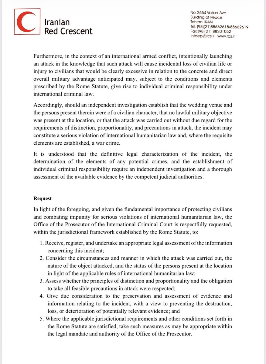 Iranian_RCS's tweet photo. In a letter to the Prosecutor of the International Criminal Court, the President of the Red Crescent Society of the Islamic Republic of Iran has called for legal action following last night’s U.S. missile strike on a wedding ceremony in Kohestak, Hormozgan. https://t.co/5zpRLtrapF