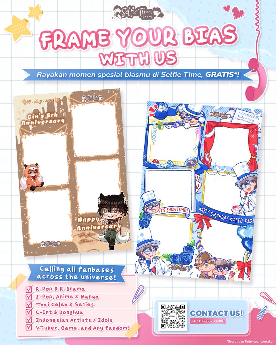 selfietimeid's tweet photo. CALLING ALL FANDOM ACROSS THE UNIVERSE📢

Mau bikin perayaan ultah bias, comeback, debut anniversary, atau event fandom kamu makin berkesan?
Yuk bikin frame di Selfie Time, GRATIS!📸

Langsung chat WA 0877-8573-6986 untuk kolaborasi ya! 💌

#selfietimeid #FrameFanbase #Photobooth https://t.co/kl7hJCgm8n