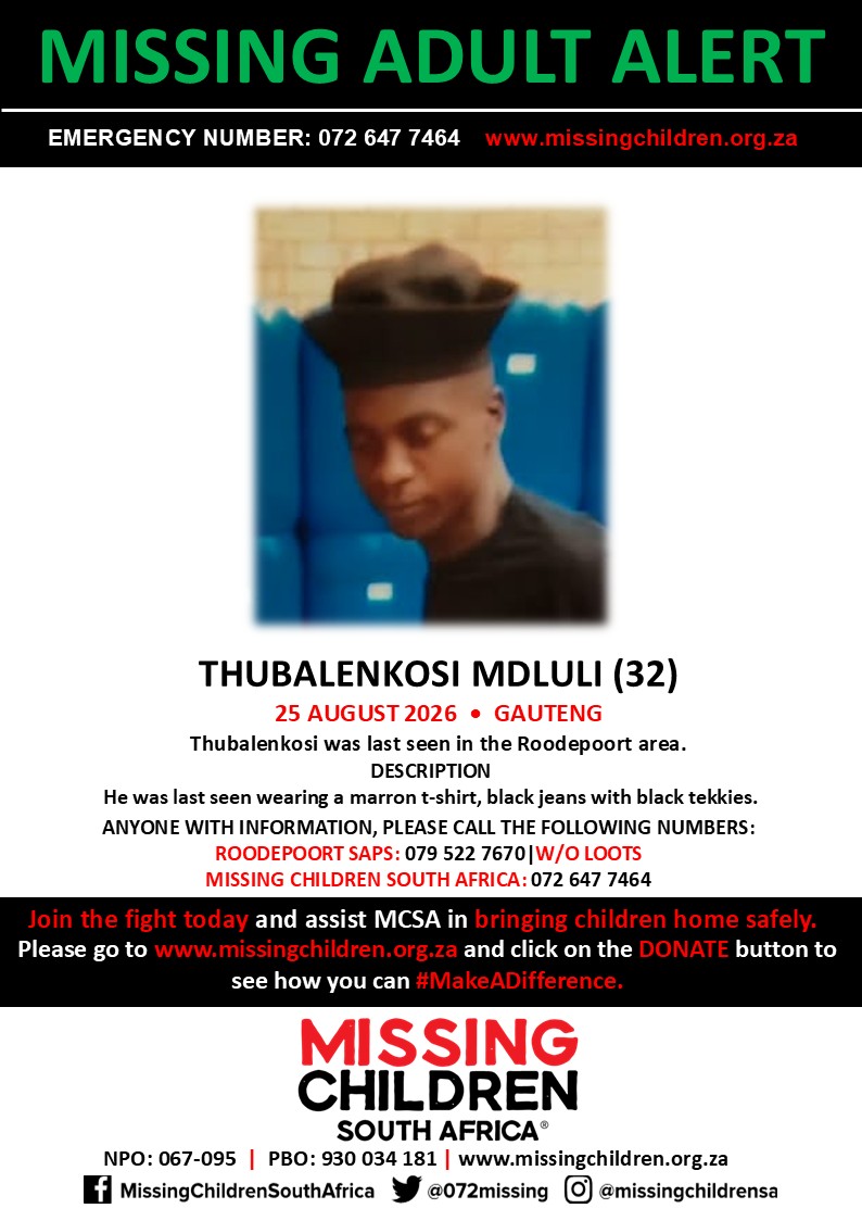 072MISSING's tweet photo. #MCSAMissing 

Thubalenkosi Mdluli (32) was last seen 25 August 2026.

If you personally, or your company | or your place of work, would like to make a donation to #MCSA, please click here to donate: https://t.co/x07yLZW7KQ Thank you https://t.co/RId94eYorD
