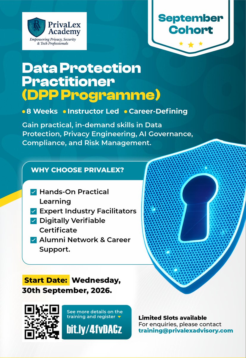PrivaLexAcademy's tweet photo. Important Update on Our DPP Programme 📢

We are pleased to announce that a new start date has been set for our DPP Programme. This is your chance to build a career in Data protection and privacy . 

 New Start Date: 30th September 2026

Register here: https://t.co/LhgphFPgvV https://t.co/idh0SFOVSe
