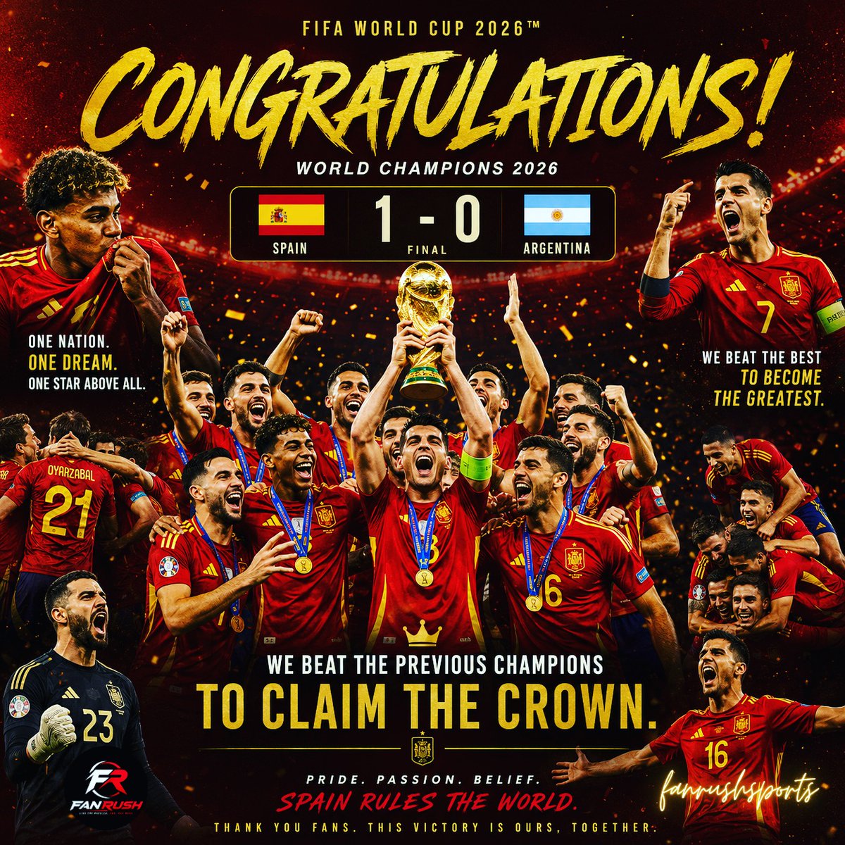 LinseyBawer's tweet photo. World champions! Congratulations, Spain! After a thrilling journey, La Roja defeated defending champions Argentina 1–0 in the 2026 World Cup final. A historic triumph built on teamwork, determination and belief. https://t.co/jPTncGNVt3