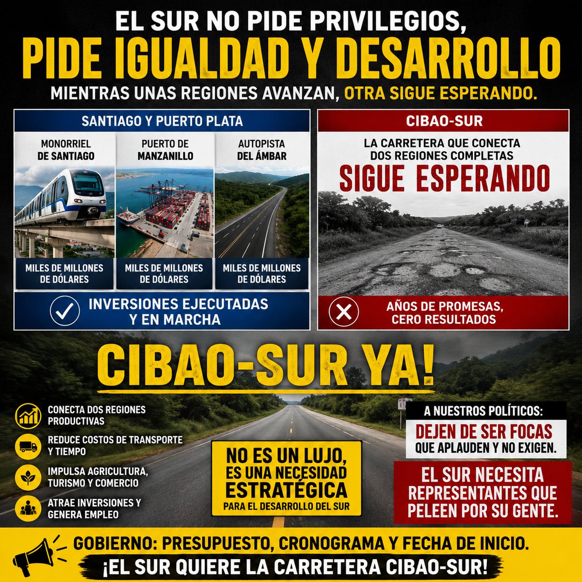 OmarMateo_'s tweet photo. Los políticos de San Juan y del Sur tienen que asumir su responsabilidad. Mientras vemos inversiones multimillonarias en el Cibao, como los RD$32 mil millones de la Autopista del Ámbar, seguimos esperando una obra estratégica como la carretera Cibao-Sur. @luisabinader @MOPCRD https://t.co/GTX4C5O3Db