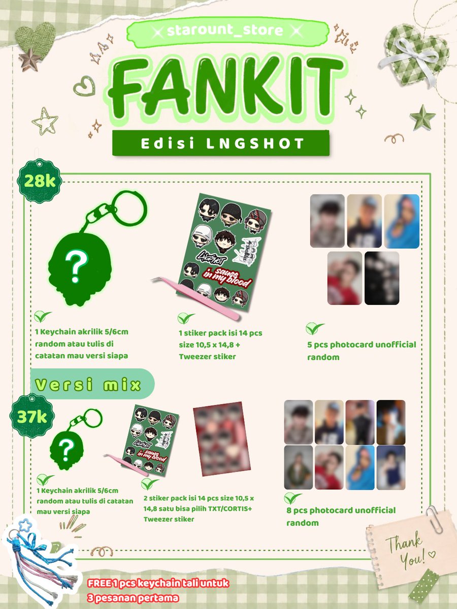 starount_store's tweet photo. 💌 FANKIT FANART 💌

Edisi: TXT . LNGSHOT . CORTIS

Harga bersahabat banget
🌸 Versi A / Mix = 28k
🌸 Versi B / Mix = 37k

‼️ SPESIAL 10 PEMBELI PERTAMA ‼️
FREE KEYCHAIN TALI GEMES💖

Yuk di-checkout mumpung masih ada
nanti nangis kalo kehabisan 🥹👉👈

🛒 https://t.co/IynH0ZtoWy https://t.co/o8BO0XZmVr