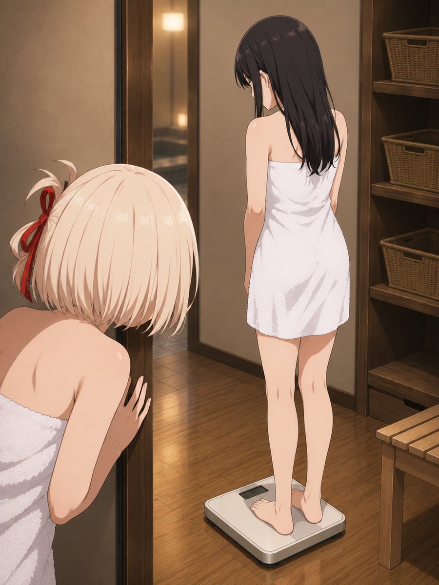 chisataki_rico's tweet photo. 「…………うそでしょ」
「千束、いつまで体重計に乗ってるんですか？」

――お風呂上がり。
表示された数字を前に固まる千束。

「たきな……見てはいけないものを見てしまった……」
「最近、甘いものばかり食べてましたからね」
「言わないでぇ〜！！」

――その数分後。

「…………」
「たきな〜？どしたの〜？♪」
「千束」
「ん？」
「明日から走りますよ」
「えっ、たきなも増えてたの！？」
「……走りますよ」
「無視っ！？」

#リコリコ #リコリス・リコイル #ちさたき