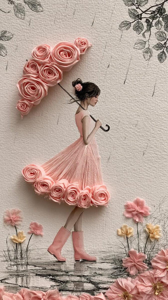 Nexoraupnp's tweet photo. 1. 🌸 Floral Lady with Wide Hat

Prompt:
“Delicate handmade paper-quilling artwork of an elegant woman in a flowing white dress and oversized straw sun hat decorated with pastel flowers, holding a small bouquet, surrounded by tiny butterflies and blooming flowers, soft textured white handmade paper background, intricate 3D paper fibers, romantic pastel pink and lavender palette, dreamy feminine aesthetic, soft natural lighting, highly detailed, handcrafted, elegant composition.”

2. 🌷 Elegant White Gown

Prompt:
“Beautiful handcrafted 3D paper-art woman wearing a long flowing white textured gown and an enormous floral sun hat, holding a single purple flower with butterflies around her, colorful pink and purple flowers growing around her feet, delicate paper fibers and layered handmade-paper texture, soft pastel colors, dreamy spring atmosphere, minimal white background, elegant fashion illustration, highly detailed.”

3. 🌺 Spring Garden Fashion

Prompt:
“Delicate 3D handmade paper artwork of a graceful woman in a flowing white textured dress, wearing a large straw hat covered with tiny pastel flowers, walking through a spring garden filled with pink tulips and butterflies, floral decorations flowing from her dress, soft ivory handmade-paper background, intricate layered paper texture, elegant feminine fashion illustration, dreamy pastel aesthetic, soft diffused lighting.”

4. 🌹 Romantic Rainy Girl

Prompt:
“Whimsical handcrafted paper-art illustration of a graceful woman in a flowing blush-pink dress and pink boots, walking under a black umbrella in gentle rain, her dress decorated with large rolled paper roses, surrounded by delicate pink and cream flowers, hand-drawn black tree branches and leaves in the background, textured handmade paper, layered 3D paper flowers, romantic rainy-day atmosphere, soft pastel colors, elegant storybook aesthetic, highly detailed.”