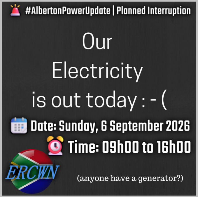cbdoilRSA's tweet photo. 🚨 #AlbertonPowerUpdate | Planned Interruption
📆Date: Sunday, 6 September 2026
⏰Time: 09h00 to 16h00
🛠️Reason: Repairs at Z3 Alrode Main Substation
📍Affected areas: Verwoerdpark, Florentia, Alberton North, South Crest, CBD, New Redruth, New Market, Part of Randhart, Alrode Proper & SAB
We apologise for the inconvenience.