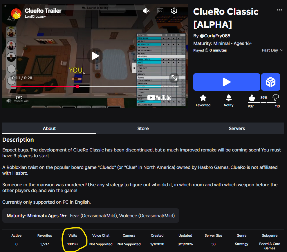RBLX_Lord's tweet photo. ClueRo Classic Just Passed 100k visits!🥳 Thank you to anyone playing and following the project. Stay tuned for news of the full release remade from the ground up👀 https://t.co/FCXDiMQupY